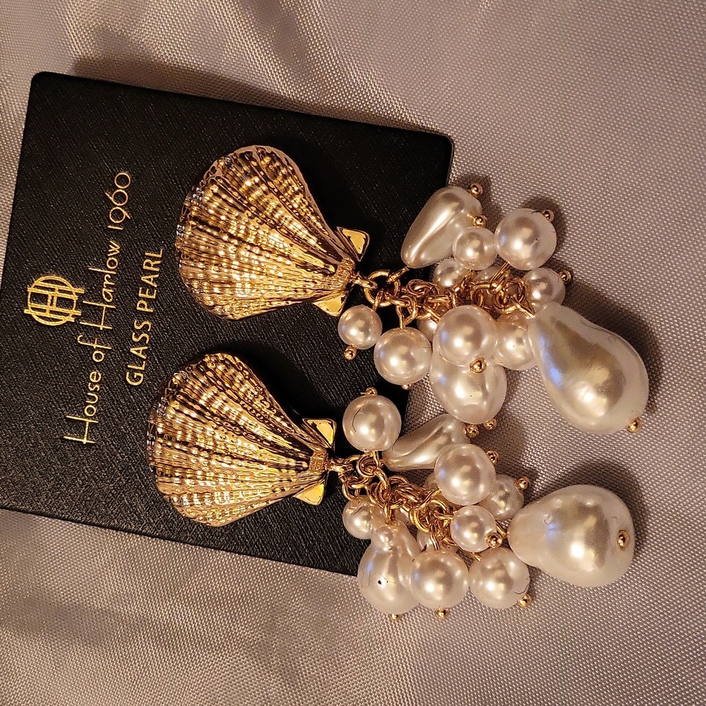House Of Harlow 1960 Golden Shell Pearl Earrings